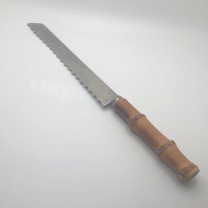 Vintage Japan Bread Knife Bamboo Cane Handle Stainless Steel Serrated 12"